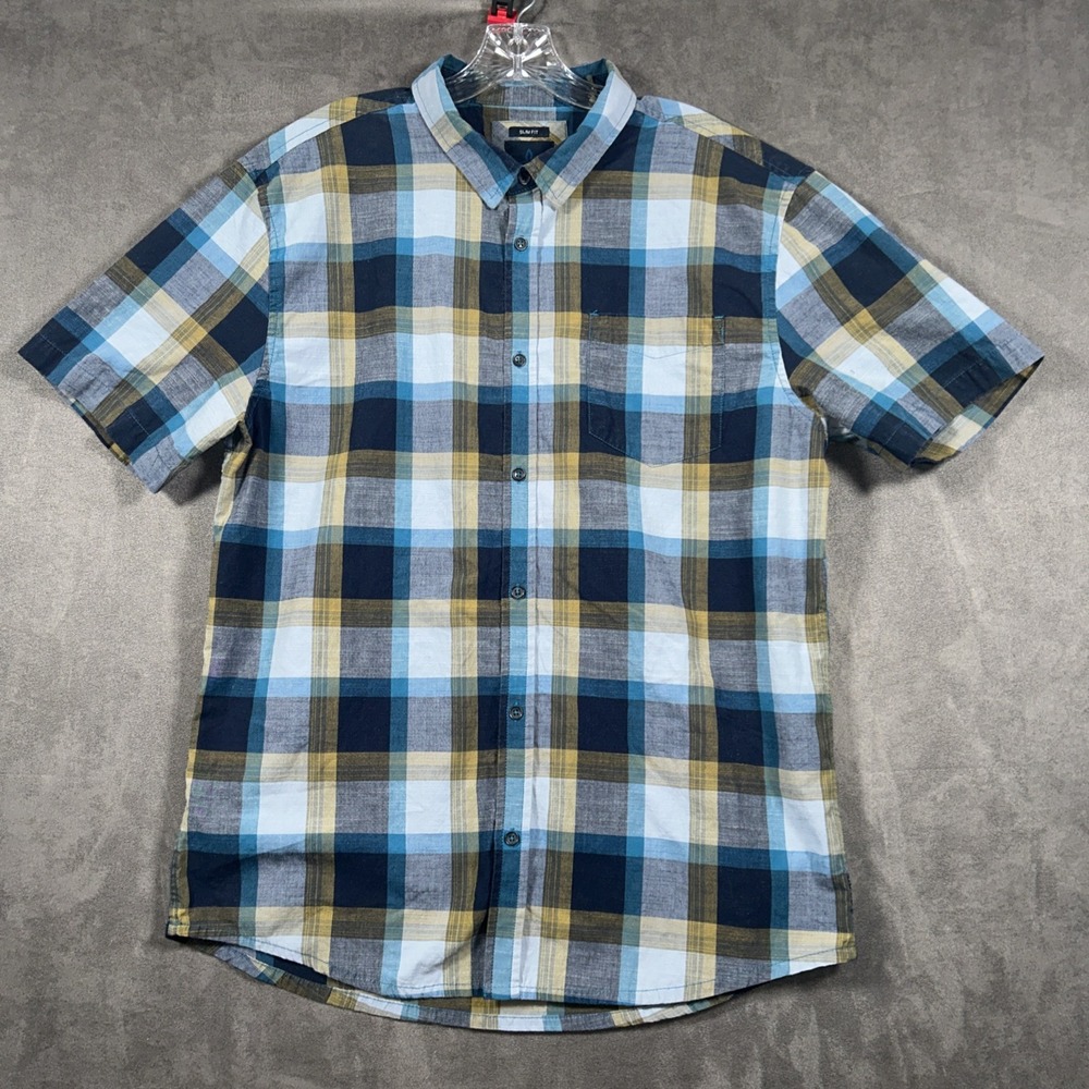 Prana Short Sleeve Button Up Shirt Mens XL Blue Plaid Slim Fit Organic Cotton